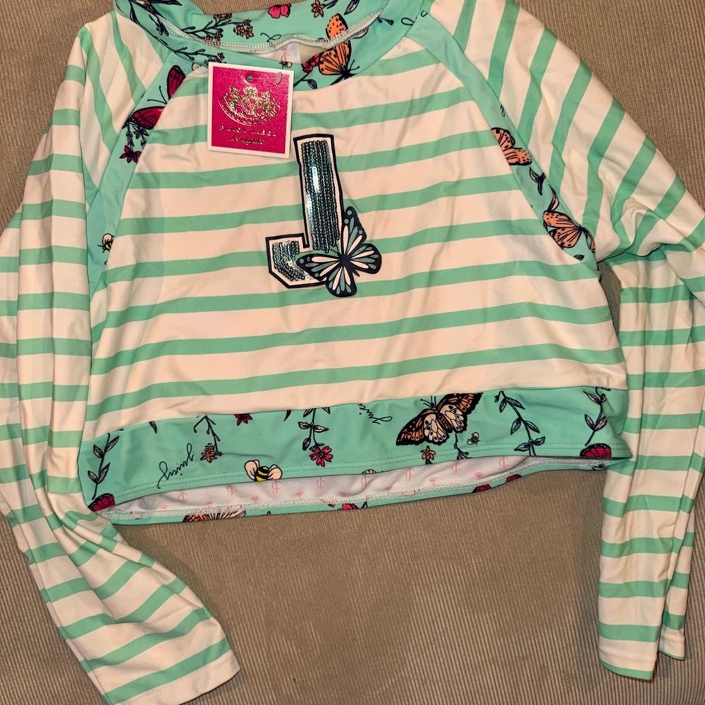 Juicy Couture Kids Striped Turqoise/White Rashguard with Floral Accents
